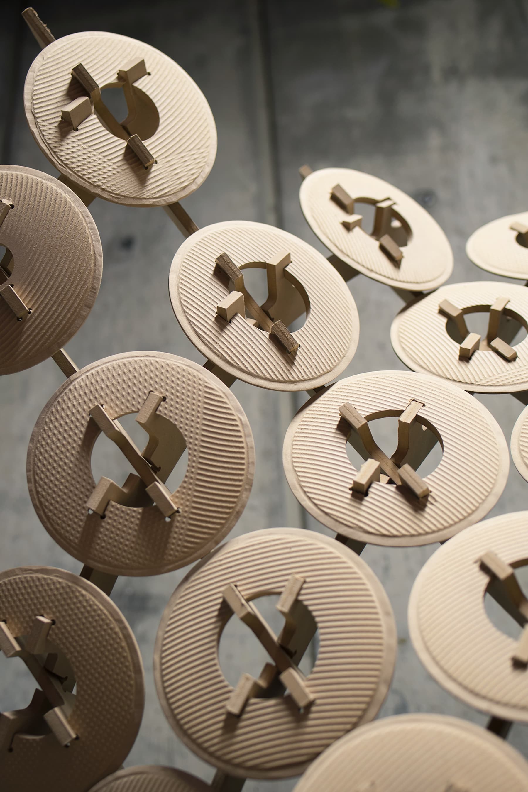 Close-up of the joint detail on the wooden space partition